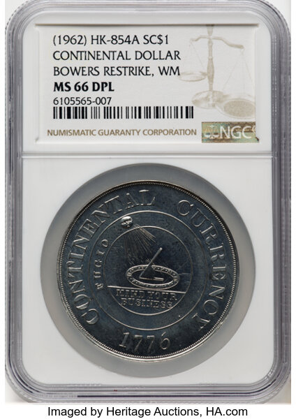 image for: (1962) Continental Dollar, Bowers Restrike, White Metal, MS66 Deep Prooflike NGC. HK-854a, W-15630, R.3. ...