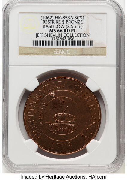 image for: (1962) Continental Dollar, Bashlow Restrike, Bronze, MS66 Red Prooflike NGC. HK-853a, W-15600, R.3. Ex: Jeff Shevlin Collect...