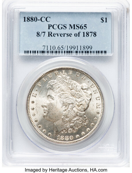 image for: 1880-CC $1 8 Over 7, Reverse of 1878, VAM-7A, MS65 PCGS. A Hit List 40 Variety....
