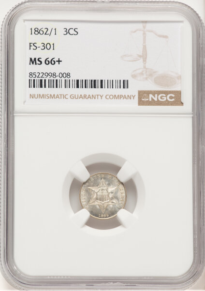 image for: 1862/1 3CS FS-301 MS66+ NGC. NGC Census: (72/15 and 7/4+).  Mintage 343,000. ...
