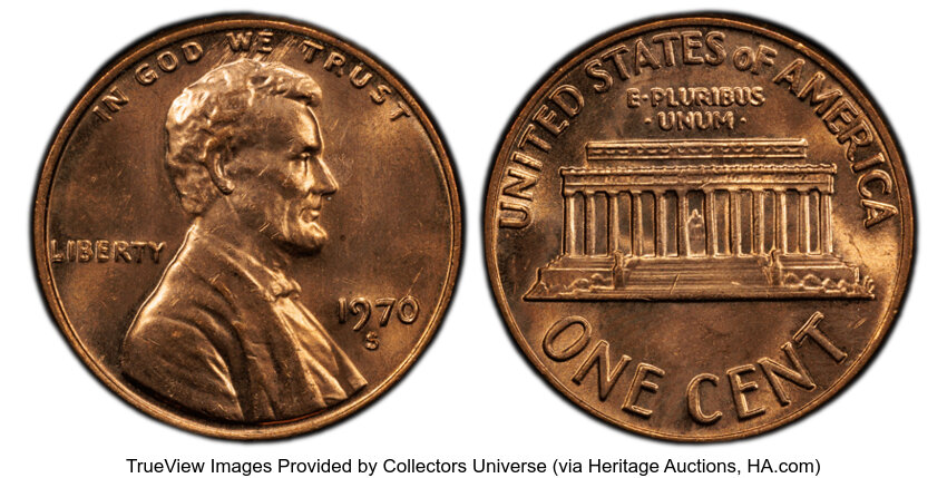image for: 1970-S 1C Large Date, Doubled Die Obverse, FS-101, MS64 Red PCGS. PCGS Population: (22/27 and 0/2+).  Mintage 693,192,814....