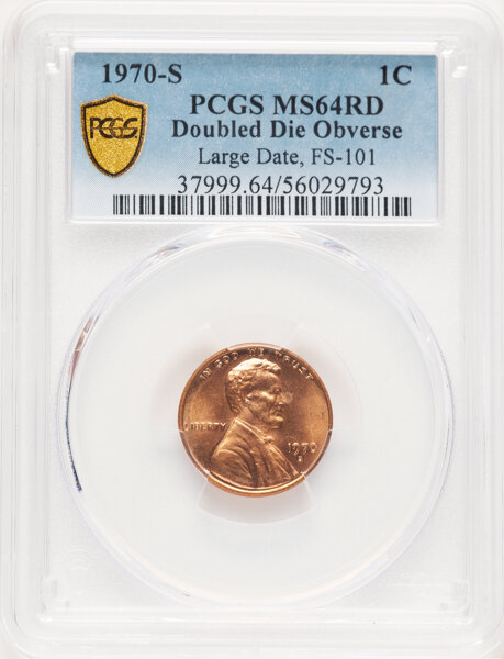 image for: 1970-S 1C Large Date, Doubled Die Obverse, FS-101, MS64 Red PCGS. PCGS Population: (22/27 and 0/2+).  Mintage 693,192,814....