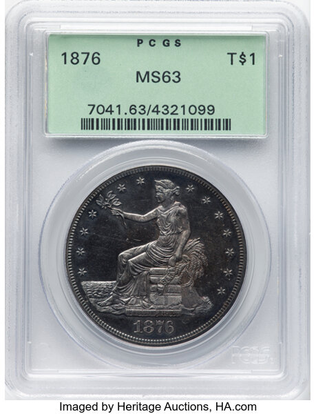 image for: 1876 T$1 Type One Obverse, Type Two Reverse, MS63 PCGS. Housed in a Generation 3.1 green label holder. Mintage 455,000....