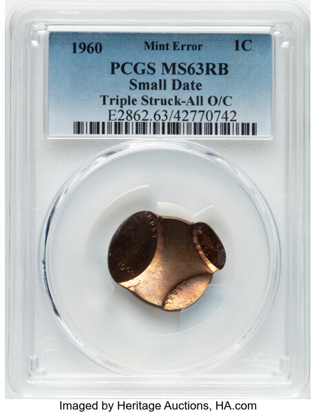 image for: 1960 1C Small Date Lincoln Cent -- Triple Struck, All Off Center -- MS63 Red and Brown PCGS.  Mintage 588,096,602....
