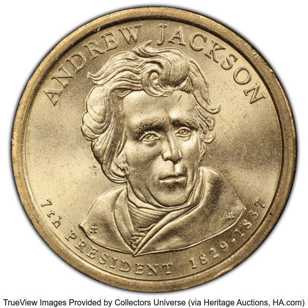 image for: 2008-P $1 Andrew Jackson Presidential Dollar -- Doubled Edge Letters, Overlap -- MS65 PCGS....