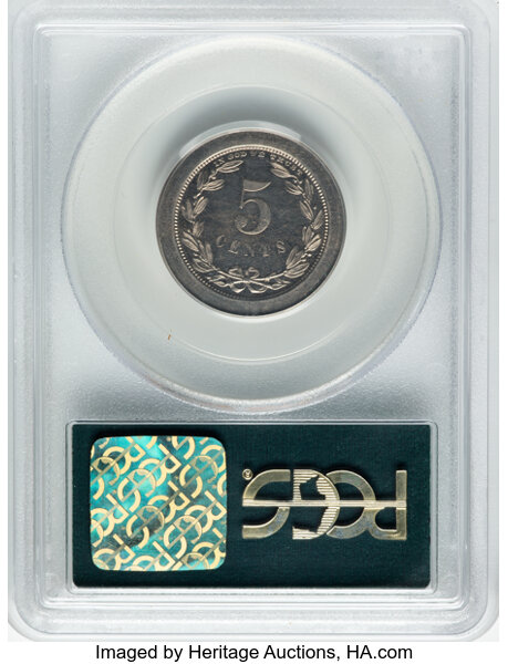 image for: 1868 5C Five Cents, Judd-624, Pollock-693, Low R.6, PR63 PCGS. CAC. Housed in a Generation 3.0 green label holder. CAC Popu...