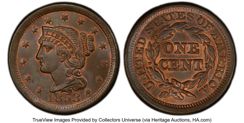 image for: 1853 1C N-25, R.1, MS66 Brown PCGS. CAC. CAC Population: (30/0). Mintage 6,641,131....