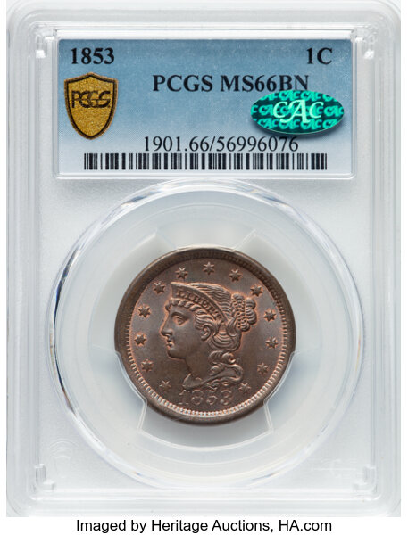 image for: 1853 1C N-25, R.1, MS66 Brown PCGS. CAC. CAC Population: (30/0). Mintage 6,641,131....