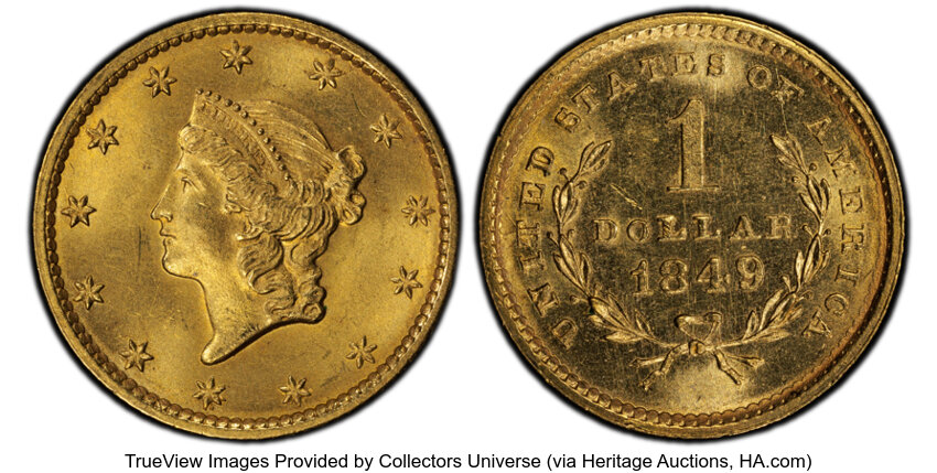 image for: 1849 G$1 No L, D-1, MS64 PCGS. PCGS Population: (76/52)....