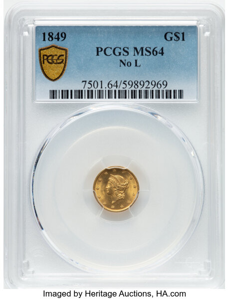 image for: 1849 G$1 No L, D-1, MS64 PCGS. PCGS Population: (76/52)....