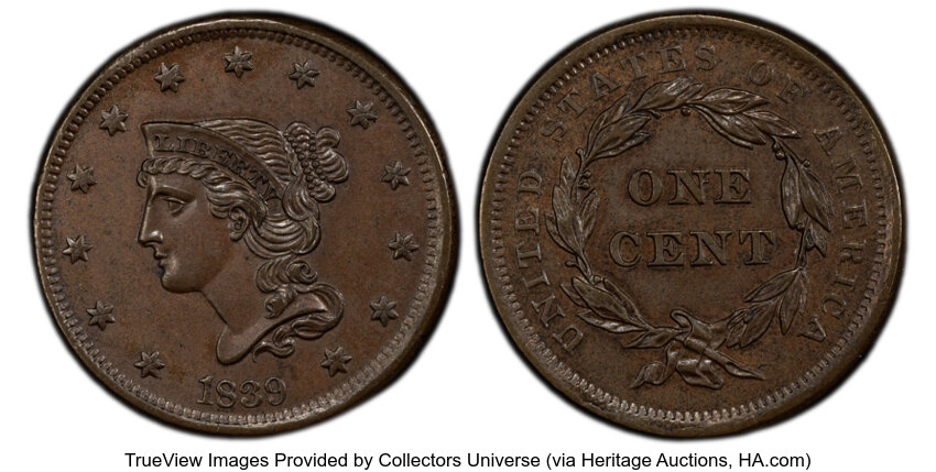 image for: 1839 1C Petite Head of 1840, N-8, R.1, MS63 Brown PCGS. CAC. Mintage 3,128,661....