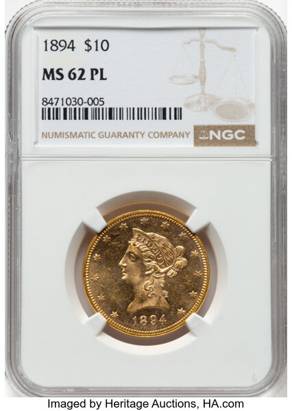 image for: 1894 $10 MS62 Prooflike NGC. NGC Census: (38/13).  Mintage 2,470,778. ...