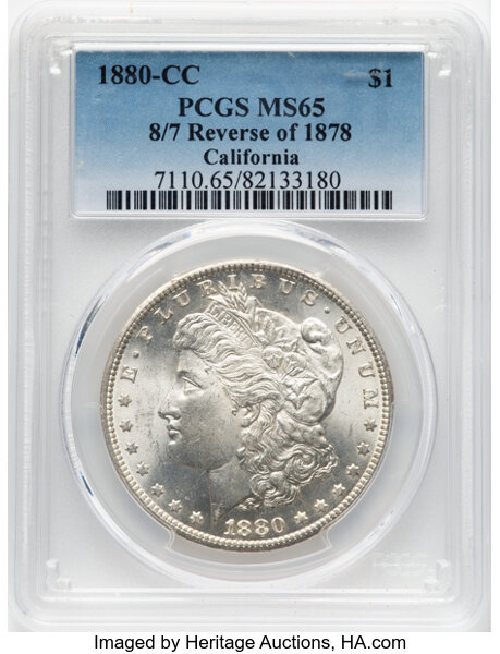 image for: 1880-CC $1 8 over 7, Reverse of 1878, VAM-7, MS65 PCGS. A Hit List 40 Variety....