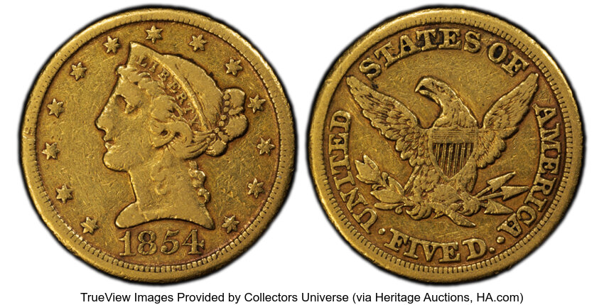 image for: 1854-D $5 Weak D VF30 PCGS. PCGS Population: (1/19)....