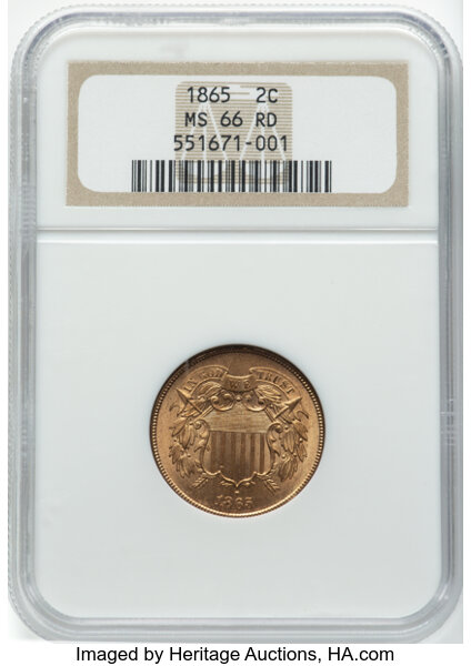 image for: 1865 2C Fancy 5 MS66 Red NGC. Mintage 13,640,000....