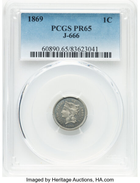 image for: 1869 1C One Cent, Judd-666, Pollock-741, R.5, PR65 PCGS. PCGS Population: (10/1).  ...