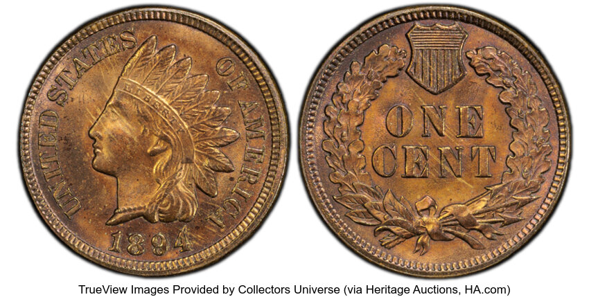 image for: 1894/1894 1C Repunched Date, Snow-1, FS-301, MS63 Brown PCGS. Population: 3 in 63, 0 finer (7/25)....