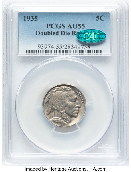 image for: 1935 5C Doubled Die Reverse, FS-801, AU55 PCGS. CAC. CAC Population: (6/10)....