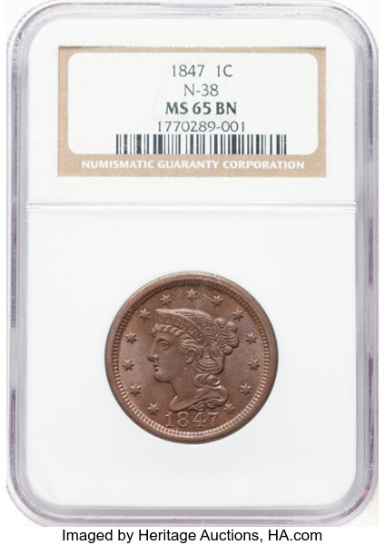 image for: 1847 1C N-38, N-16, R.1, MS65 Brown NGC. NGC Census: (3/4).  Mintage 6,183,669....