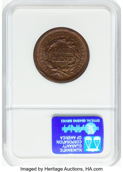 image for: 1857 1C Large Date, N-1, R.1, MS66 Brown NGC.  Mintage 333,456....
