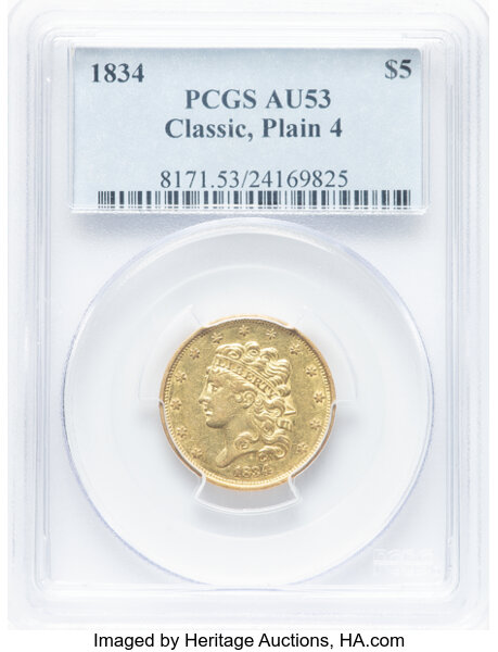 image for: 1834 $5 Classic Head, Plain 4, HM-3, R.2, AU53 PCGS.  Mintage 657,460....