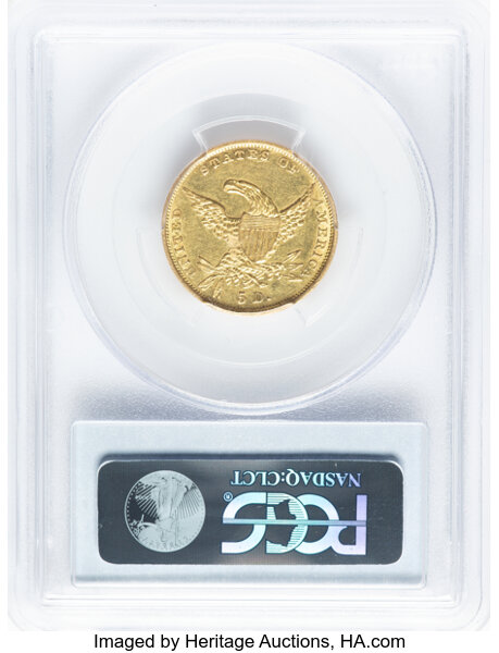 image for: 1834 $5 Classic Head, Plain 4, HM-3, R.2, AU53 PCGS.  Mintage 657,460....