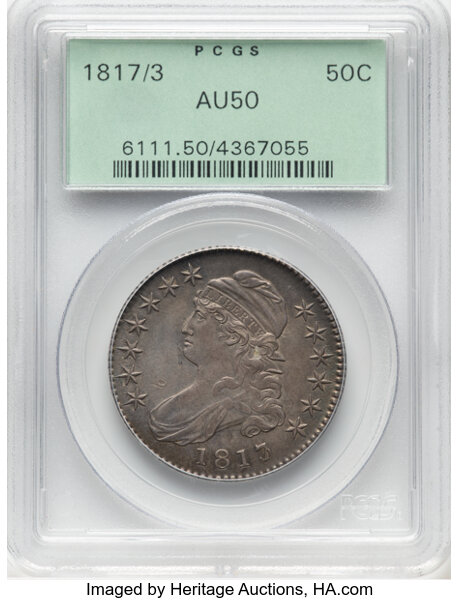 image for: 1817/3 50C O-101a, R.1, AU50 PCGS. Housed in a Generation 3.1 green label holder. PCGS Population: (26/55).  Mintage 1,215,...