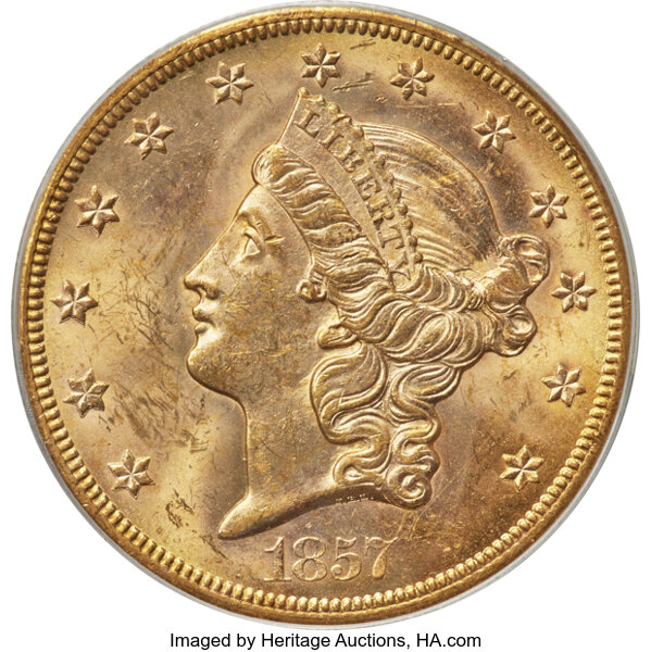 image for: 1857-S $20 Bold 7, Faint S, Variety 20D, MS62 PCGS....