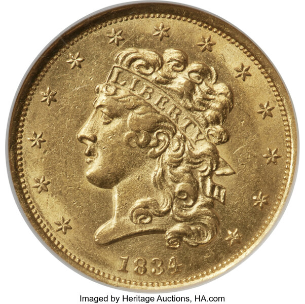 image for: 1834 $5 Plain 4, HM-7, R.3, MS61 NGC....
