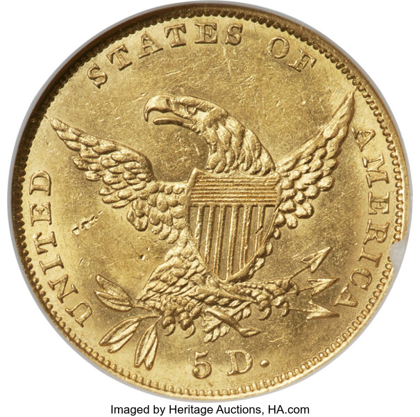 image for: 1834 $5 Plain 4, HM-7, R.3, MS61 NGC....
