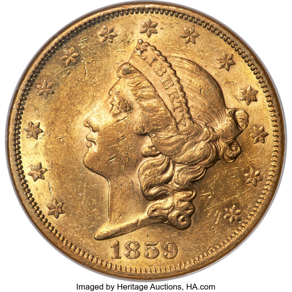 image for: 1859 $20 AU58 NGC....