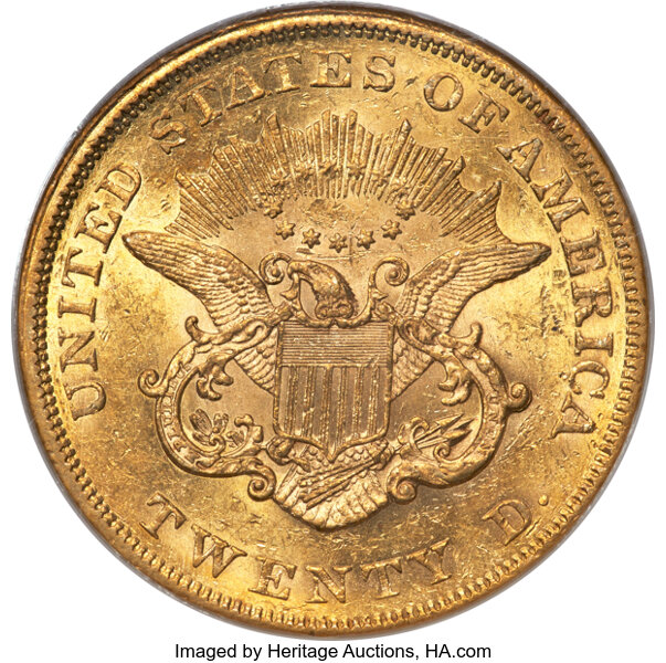 image for: 1859 $20 AU58 NGC....