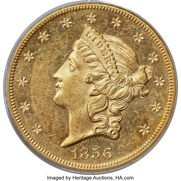 image for: 1856-S $20 Split Serif, Variety-17J, AU58 PCGS. CAC....