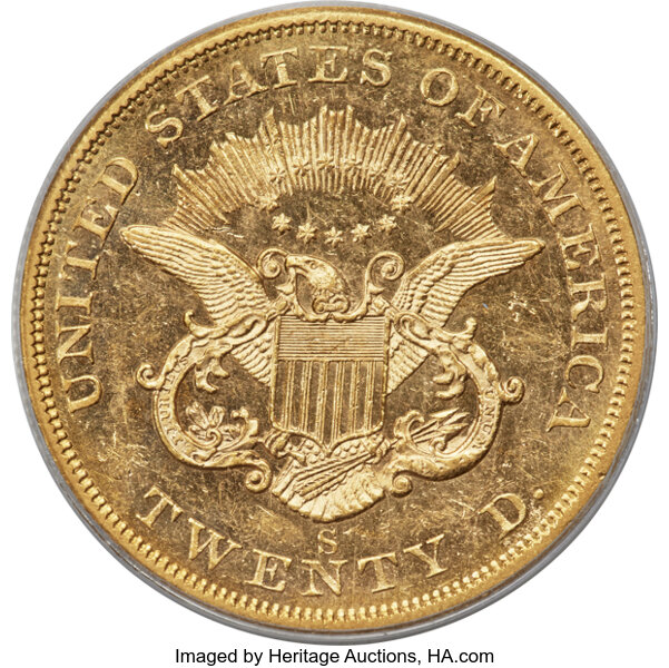 image for: 1856-S $20 Split Serif, Variety-17J, AU58 PCGS. CAC....