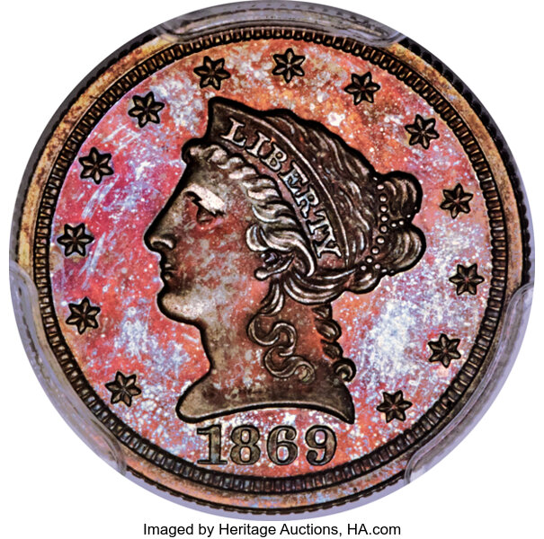 image for: 1869 $2 1/2 Quarter Eagle, Judd-769, Pollock-854, R.7, PR65 Red and Brown PCGS....