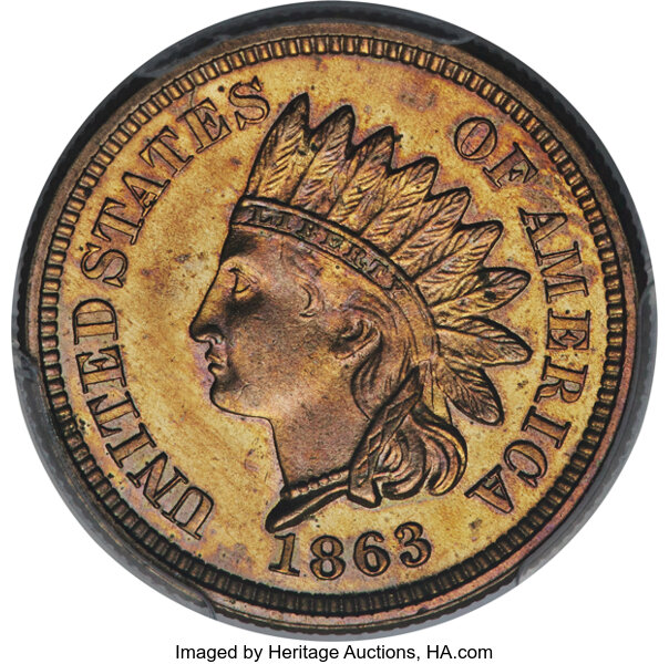 image for: 1863 1C Indian Cent, Judd-300, Pollock-360, High R.6, PR64 PCGS. CAC. Snow-PT2a....