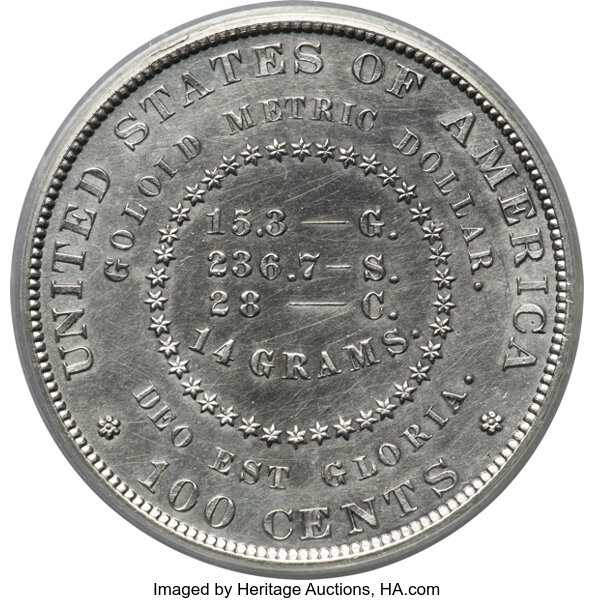 image for: 1879 $1 Goloid Metric Dollar, Judd-1626, Pollock-1822, R.4, PR60 PCGS....