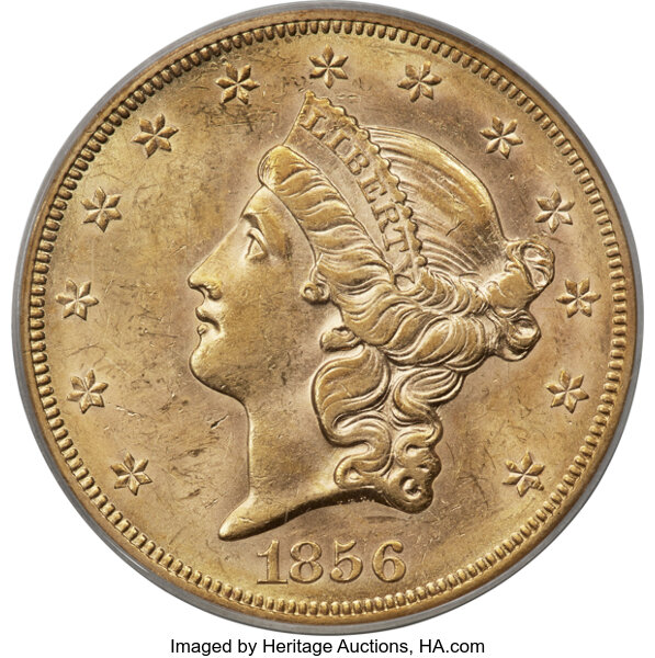 image for: 1856-S $20 Split Serif, Variety-17J, AU55 PCGS....