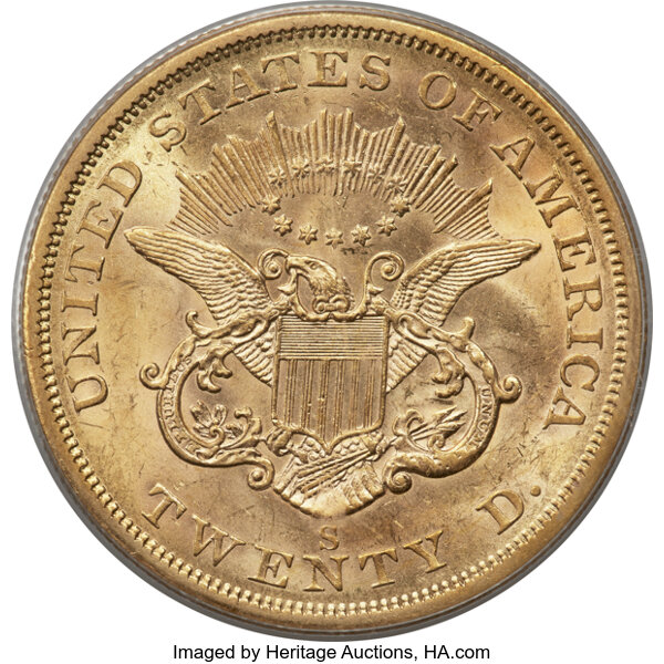 image for: 1856-S $20 Split Serif, Variety-17J, AU55 PCGS....
