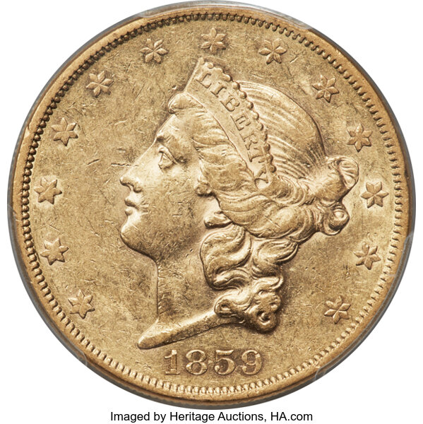 image for: 1859 $20 AU55 PCGS....