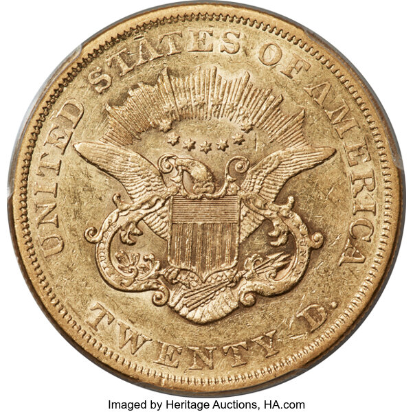 image for: 1859 $20 AU55 PCGS....