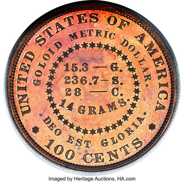 image for: 1879 $1 Goloid Metric Dollar, Judd-1628, Pollock-1824, Low R.7, PR65 Red PCGS. CAC....