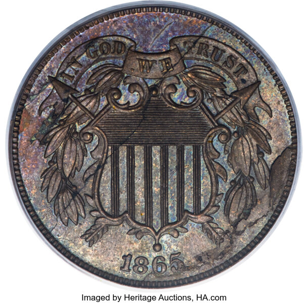 image for: 1865 2C Two Cents, Judd-407, Pollock-477, R.7, PR63 PCGS....