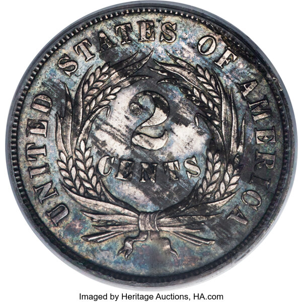 image for: 1865 2C Two Cents, Judd-407, Pollock-477, R.7, PR63 PCGS....