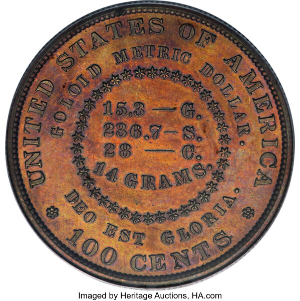 image for: 1880 $1 Goloid Metric dollar, Judd-1652, Pollock-1852, R.6, PR66 Red and Brown PCGS....