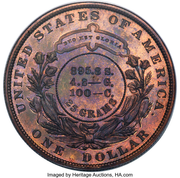 image for: 1879 $1 Metric Dollar, Judd-1619, Pollock-1814, High R.6, PR66 Red and Brown PCGS....