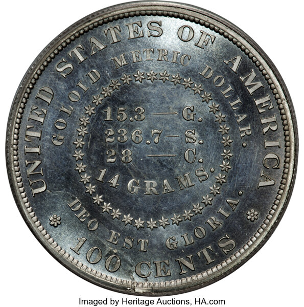 image for: 1879 $1 Goloid Metric Dollar, Judd-1633, Pollock-1830, High R.7, PR64 Cameo PCGS....