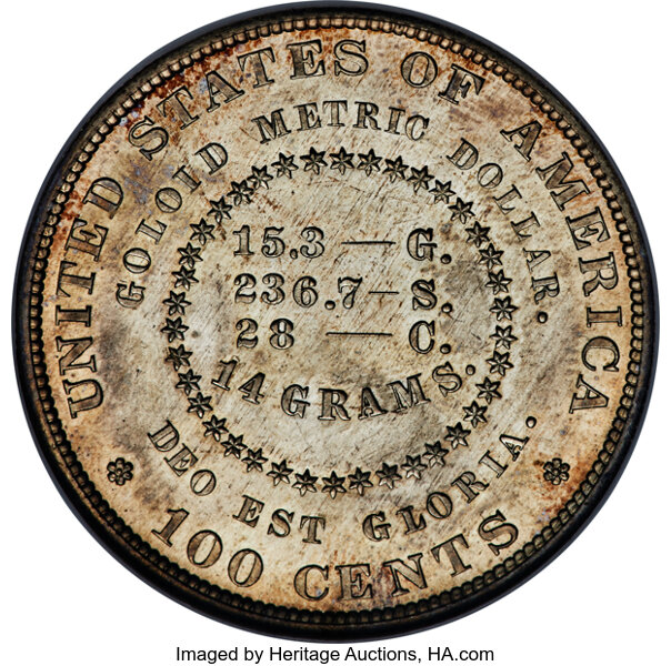 image for: 1879 $1 Goloid Metric Dollar, Judd-1626, Pollock-1822, R.4, PR67 NGC....