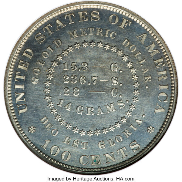 image for: 1879 $1 Goloid Metric Dollar, Judd-1627, Pollock-1823, R.5, PR64 NGC....