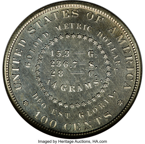 image for: 1879 $1 Goloid Metric Dollar, Judd-1631, Pollock-1828, Low R.7, PR65 NGC....